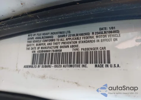 2001 Subaru Legacy Outback Limited z USA, uszkodzony, nr VIN 4S3BH686917648958